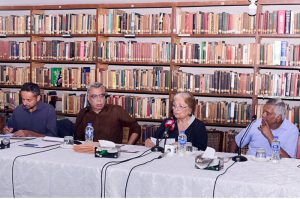 Chairperson of the Pakistan Institute of International Affairs Dr. Masuma Hasan addressing a seminar on "The Rise of Gen Z in South Asia" organized by the Pakistan Institute of International Affairs (PIIA) at its library. Other speakers Dr. Moonis Ahmer, Nadeem F Paracha, Dr. Sajjad Ahmed and Syed Ehsan Ali Shah also seen sitting on the stage