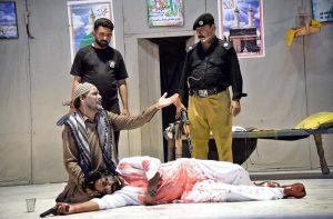 Artists performing in a drama “Mujram)” presenting by Arts Council of Pakistan Larkana at ZA Bhutto Open Air Theater Arts Council.