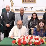 Governor Sindh Syed Muhammad Nehal Hashmi and Federal Minister for IT and Telecommunications Shaza Fatima Khawaja witness the signing of a MoU between NED University of Engineering and Technology and the Pakistan Software Export Board (PSEB) at Governor House to promote partnership in the technology sector