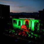 The building of the Associated Press of Pakistan (APP) is illuminated in green and red lights on the eve of celebrations marking the Makkah Joint Defence Agreement, signed by Pakistan, Saudi Arabia, and Türkiye on August 7, 2026, at Al-Safa Palace in Makkah