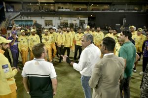 Chairman Pakistan Cricket Board (PCB) Mohsin Naqvi meets players and team officials during his visit to Multan Cricket Stadium to witness the National Champions Cup 2026–27 match