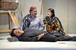 Artists performing in a drama “Mujram)” presenting by Arts Council of Pakistan Larkana at ZA Bhutto Open Air Theater Arts Council.