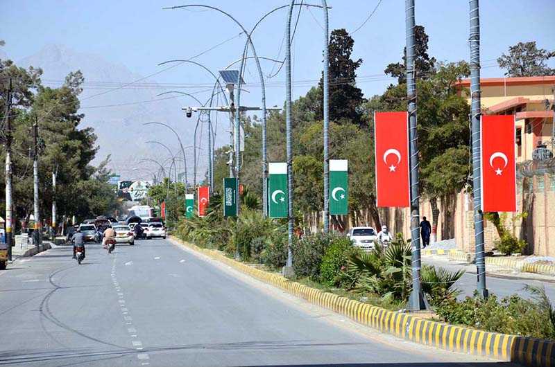 National flags of Pakistan, Saudi Arabia and Türkiye are displayed along roads and on walls in Quetta to mark the historic joint defense agreement reached between the three countries in Makkah