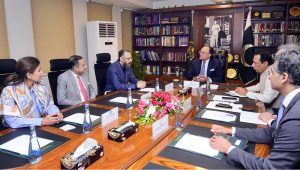 Federal Minister for Finance and Revenue, Senator Muhammad Aurangzeb meeting with Secretary -General Islamic Chamber of Commerce and Development (ICCD), H.E. Shaikh Yousef Hassan Khalawi, at the Finance Division.