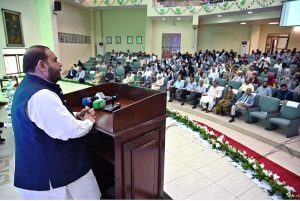 Federal Minister for National Heritage and Culture Aurangzeb Khan Khichi addresses the opening ceremony of the third “Nasl-e-Nau Adabi Mela” at the Pakistan Academy of Letters