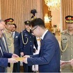President Asif Ali Zardari receiving the credentials of Ambassadors-designate of the Republic of Korea Han Sungho and Italy Ugo Ciarlatani at Aiwan-e-Sadr