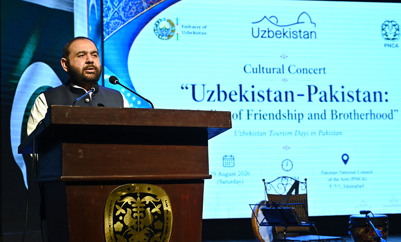 Federal Minister for National Heritage and Culture, Aurangzeb Khan Khichi, addressing a special cultural concert, “Uzbekistan-Pakistan: Melodies of Friendship and Brotherhood,” hosted by the Embassy of the Republic of Uzbekistan in Pakistan to mark the 35th Anniversary of the Independence of Uzbekistan at PNCA