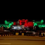 The building of the Prime Minister House is illuminated in green and red lights on the eve of celebrations marking the Makkah Joint Defence Agreement, signed by Pakistan, Saudi Arabia, and Türkiye on August 7, 2026, at Al-Safa Palace in Makkah