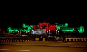 The building of the Prime Minister House is illuminated in green and red lights on the eve of celebrations marking the Makkah Joint Defence Agreement, signed by Pakistan, Saudi Arabia, and Türkiye on August 7, 2026, at Al-Safa Palace in Makkah
