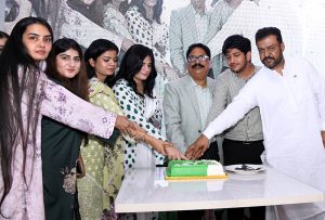 Chairman Chandka Institute of Nursing & Allied Health Sciences S. Iqbal Babu and others cutting the cake during celebrations the 79th Independence Day of Pakistan