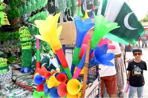 A roadside vendor displays pressure horns for sale despite a government ban on their sale and use ahead of Pakistan's Independence Day celebrations on August 14.