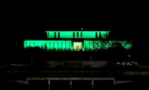 Aiwan-e-Sadr President House) is illuminated on the eve of celebrations marking the Makkah Joint Defence Agreement, signed by Pakistan, Saudi Arabia, and Türkiye on August 7, 2026, at Al-Safa Palace in Makkah