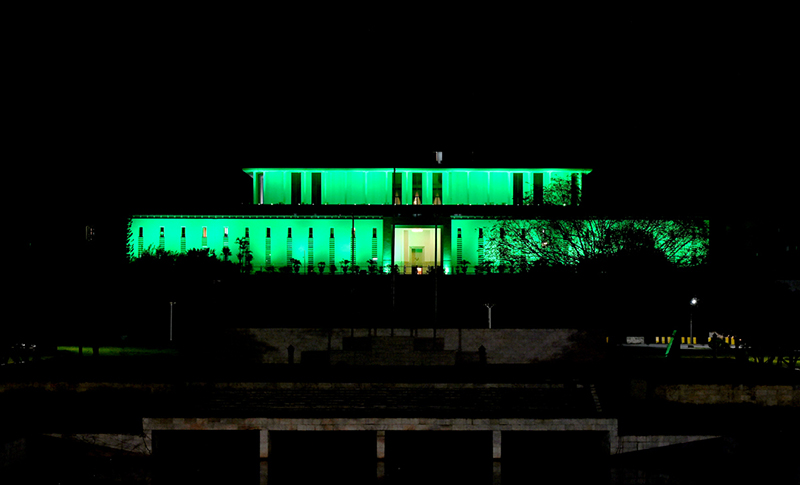 Aiwan-e-Sadr President House) is illuminated on the eve of celebrations marking the Makkah Joint Defence Agreement, signed by Pakistan, Saudi Arabia, and Türkiye on August 7, 2026, at Al-Safa Palace in Makkah