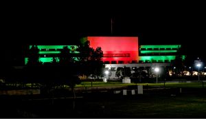 Aiwan-e-Sadr President House) is illuminated on the eve of celebrations marking the Makkah Joint Defence Agreement, signed by Pakistan, Saudi Arabia, and Türkiye on August 7, 2026, at Al-Safa Palace in Makkah