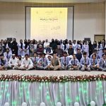 Federal Minister for National Heritage and Culture Aurangzeb Khan Khichi poses for a group photograph with students and teachers the opening ceremony of the third “Nasl-e-Nau Adabi Mela” at the Pakistan Academy of Letters