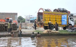 Labourers unload sacks of potatoes from a truck while others wash the filled sacks in the Nau Bahar Canal before transporting them to the local market.