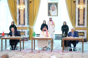 Prime Minister of Islamic Republic of Pakistan, Muhammad Shehbaz Sharif, Prince Mohammed bin Salman bin Abdulaziz Al Saud, Crown Prince and Prime Minister of Saudi Arabia, Recep Tayyip Erdoğan, President of the Republic of Türkiye sign the Makkah Joint Defence Agreement.