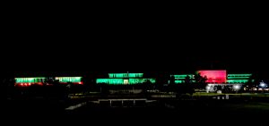 The buildings of the President House, Prime Minister House and Parliament House is illuminated in green and red lights on the eve of celebrations marking the Makkah Joint Defence Agreement, signed by Pakistan, Saudi Arabia, and Türkiye on August 7, 2026, at Al-Safa Palace in Makkah