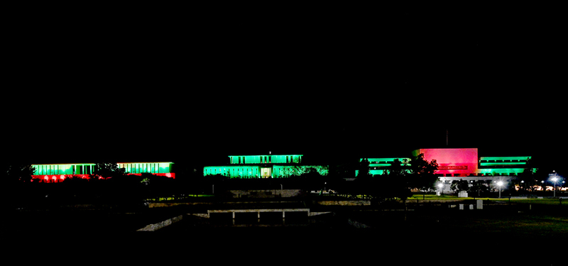 The buildings of the President House, Prime Minister House and Parliament House is illuminated in green and red lights on the eve of celebrations marking the Makkah Joint Defence Agreement, signed by Pakistan, Saudi Arabia, and Türkiye on August 7, 2026, at Al-Safa Palace in Makkah