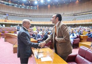 Prime Minister Muhammad Shehbaz Sharif meets Chairman Pakistan People's Party Bilawal Bhutto Zardari at the session of the National Assembly.