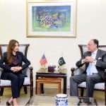 Federal Minister for Finance and Revenue, Senator Muhammad Aurangzeb, meeting with U.S. Chargé d’Affaires H.E. Ms. Natalie Baker at the Finance Division to discuss Pakistan–U.S. economic cooperation and investment