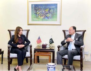 Federal Minister for Finance and Revenue, Senator Muhammad Aurangzeb, meeting with U.S. Chargé d’Affaires H.E. Ms. Natalie Baker at the Finance Division to discuss Pakistan–U.S. economic cooperation and investment