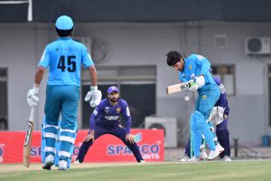 Players in action during the National Champions Cup 2026-27 match between Pakistan Blues and Pakistan Whites at Multan Cricket Stadium.