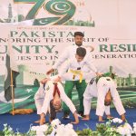 Students perform Karate Skill demonstration during 79th Independence Day organized by district government at Circuit House