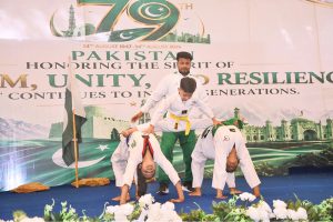 Students perform Karate Skill demonstration during 79th Independence Day organized by district government at Circuit House