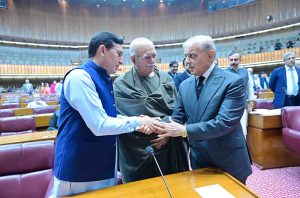 Prime Minister Muhammad Shehbaz Sharif meets opposition leaders at the session of the National Assembly.