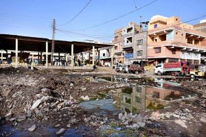A view of sewerage water and garbage accumulated at subzi mandi need the attention of concerned authorities.