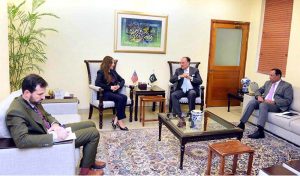 Federal Minister for Finance and Revenue, Senator Muhammad Aurangzeb, meeting with U.S. Chargé d’Affaires H.E. Ms. Natalie Baker at the Finance Division to discuss Pakistan–U.S. economic cooperation and investment