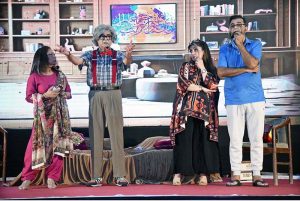 Artists performing in a comedy and improvisational stage play " AnarKali " at Latif Auditorium Hall Chandka Medical College in collaboration with Shaheed Mohtarma Benazir Bhutto Medical University, Organized by Koohi Goth Women's Hospital Karachi
