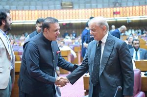 Prime Minister Muhammad Shehbaz Sharif meets opposition leaders at the session of the National Assembly.