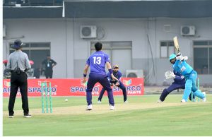 Players in action during the National Champions Cup 2026-27 match between Pakistan Blues and Pakistan Whites at Multan Cricket Stadium.