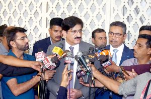 Sindh Chief Minister Syed Murad Ali Shah talks to media representatives after attending the Mining Technical Conference 2026, organised by Sindh Engro Mining Company (SEMC) at a local hotel.