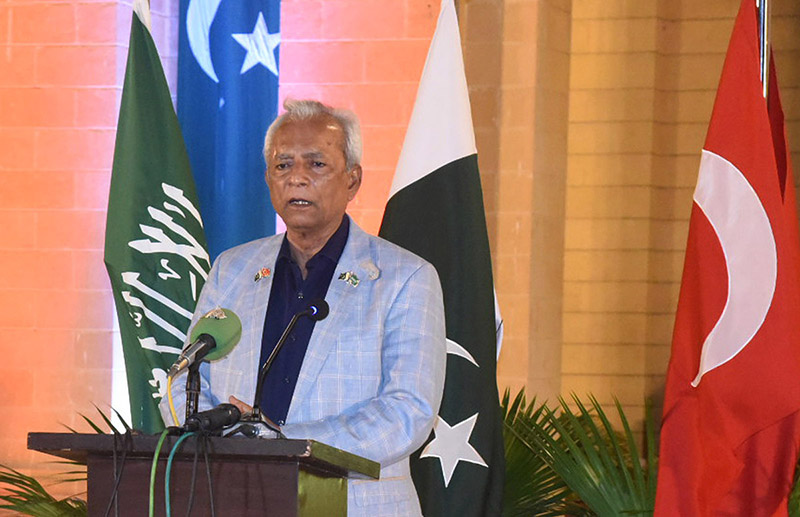 Governor Sindh Syed Muhammad Nehal Hashmi talking to media persons at Governor House
