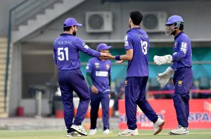 Players in action during the National Champions Cup 2026-27 match between Pakistan Blues and Pakistan Whites at Multan Cricket Stadium.