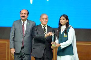 Prime Minister Muhammad Shehbaz Sharif presents awards to high achievers at the International Youth Day ceremony