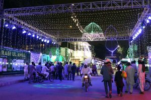 A view of streets illuminated with colourful lights in connection with 12th Rabi-ul-Awal celebrations in the provincial capital.