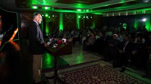 Federal Minister for Planning, Development and Special Initiatives, Ahsan Iqbal, addresses the launch ceremony of a national anthem commemorating Pakistan's 79th Independence Day and the 150th birth anniversary of Quaid-e-Azam Muhammad Ali Jinnah.