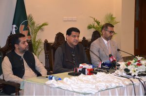 Provincial Ministers Zahoor Buledi and Ziaullah Langove, accompanied by Additional Chief Secretary (Development) Abdul Basit, address a press conference in the provincial capital.