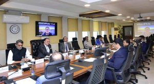 Federal Minister for Finance and Revenue, Senator Muhammad Aurangzeb, chairing the Committee on Genetically Modified (GM) Corn meeting at the Finance Division.