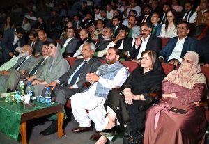 Governor of Sindh, Nehal Hashmi, Federal Minister for National Heritage and Culture Aurangzeb Khan Khichi, Minister of State for Federal Education and Professional Training, Ms. Wajiha Qamar along with others at the launching ceremony of "Naqoosh-i-Watan" a national cultural narrative at PNCA.