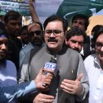 Balochistan Minister for Health Bakht Muhammad Kakar talking to media during the Independence Day rally as part of the 79th national day celebrations
