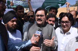 Balochistan Minister for Health Bakht Muhammad Kakar talking to media during the Independence Day rally as part of the 79th national day celebrations