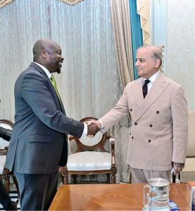 Prime Minister Muhammad Shehbaz Sharif shakes hand with Vice President Government Affairs and Public Policy of Google Mr. Wilson White