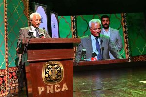 Governor of Sindh, Nehal Hashmi addresses at the launching ceremony of "Naqoosh-i-Watan" a national cultural narrative at PNCA.