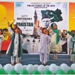 Students performing tableau at an Independence Day event organized by the Punjab Council of the Arts