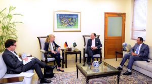 Federal Minister for Finance and Revenue, Senator Muhammad Aurangzeb holding a meeting with German Ambassador to Pakistan, H.E. Ms. Ina Lepel, at the Finance Division.